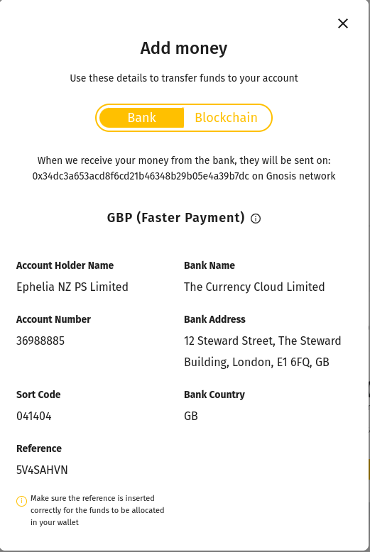 Add money, bank transfer instructions